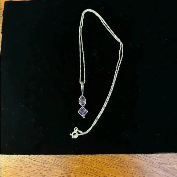 92.5 Silver, Made In Italy Amethyst Double Gem  8” Necklace - Picture 1 of 5